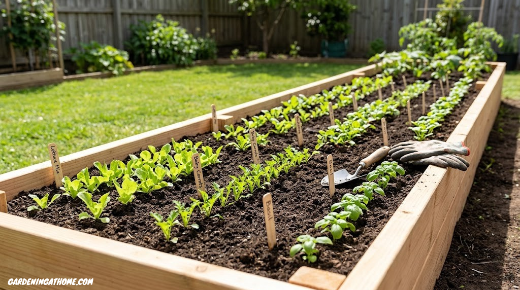 A freshly built backyard vegetable garden bed with young seedlings in rows