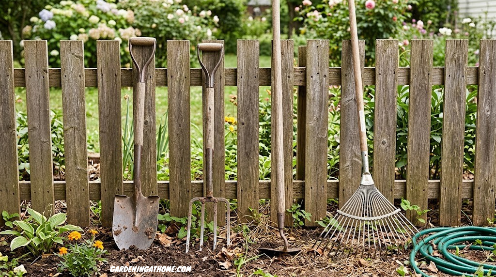 A garden spade, garden fork, hoe, and bow rake leaning against a wooden fence