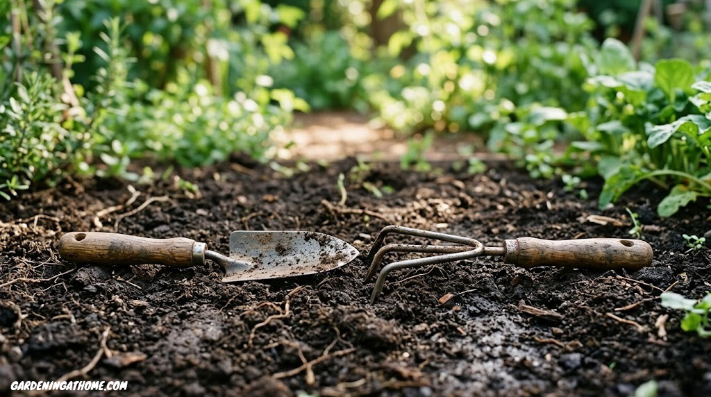 A hand trowel and three-prong hand cultivator laid side by side on dark soil