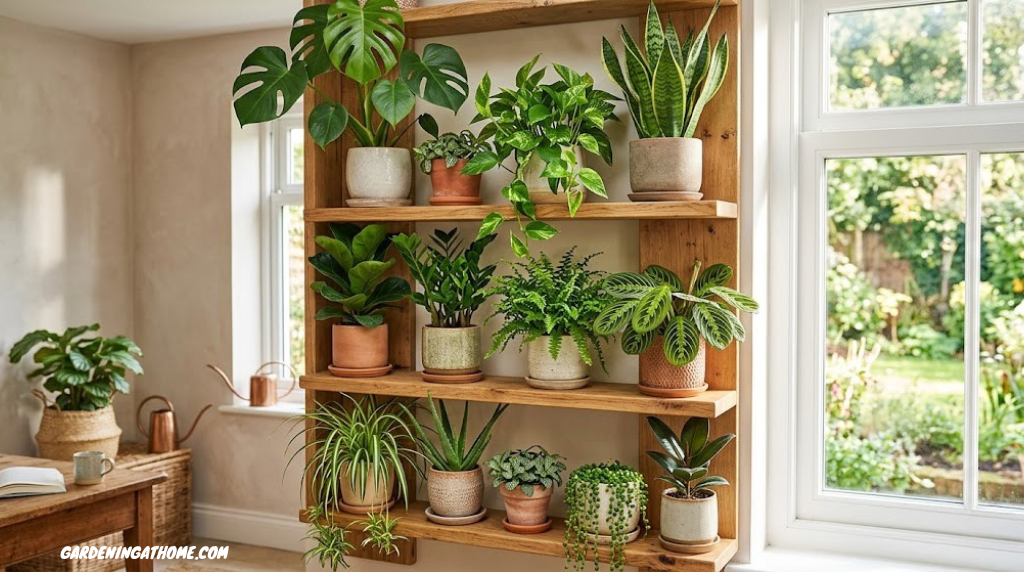 Beautiful sunlit indoor house plants thriving on a shelf