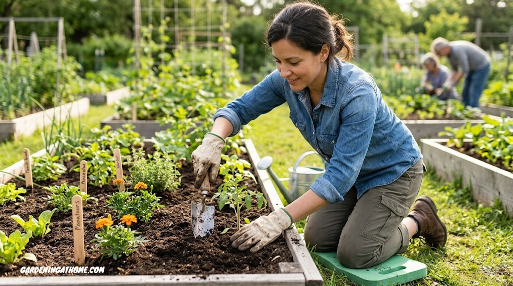 Beginner gardener kneeling in a garden bed using a hand trowel to plant a seedling