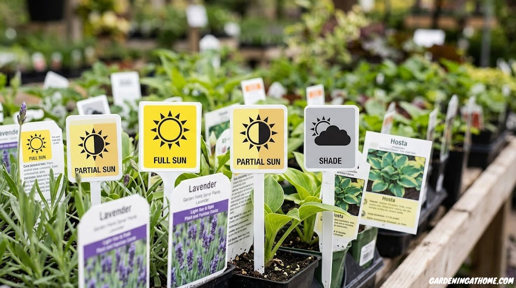 Close-up of garden plant tags showing sun and shade icons, representing the plant light requirement labels used in nurseries and seed packets