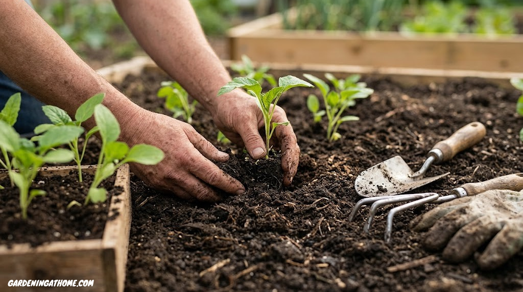 Close-up of hands planting seedlings in rich dark soil with garden tools nearby