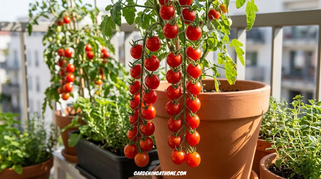 Close-up of red ripe cherry tomatoes dangling from a vine in a balcony container garden
