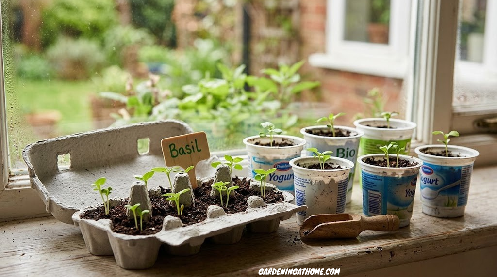 Close-up of seedlings sprouting in repurposed egg cartons and yogurt pots on a windowsill