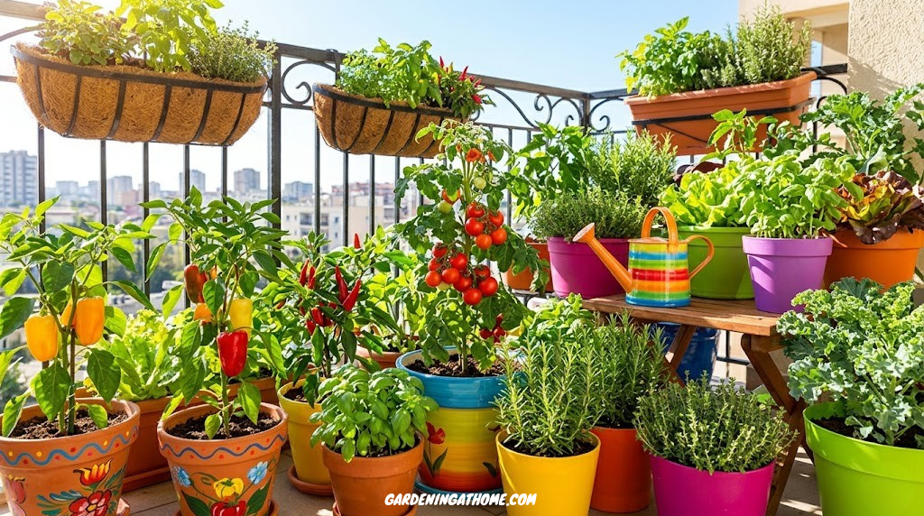 Colorful container garden filled with thriving vegetables on a sunny balcony