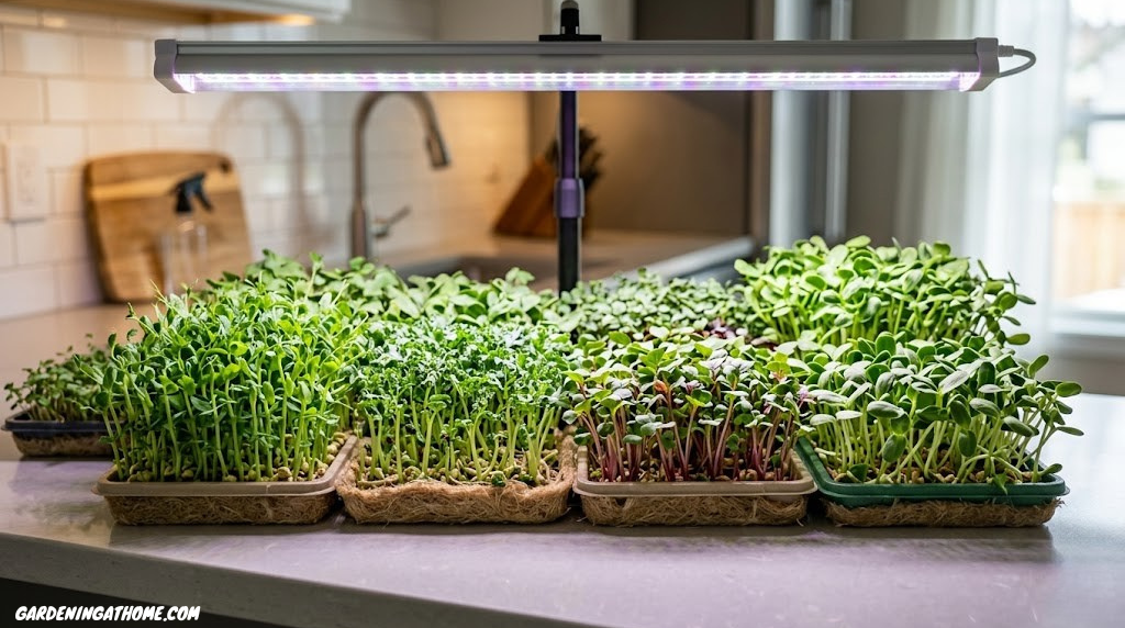 Dense trays of vibrant microgreens growing on hemp mats under a grow light on a kitchen counter