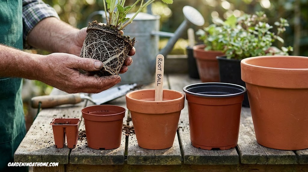 Gardener's hands holding a plant root ball next to a selection of different sized terracotta and plastic containers, demonstrating pot size comparison