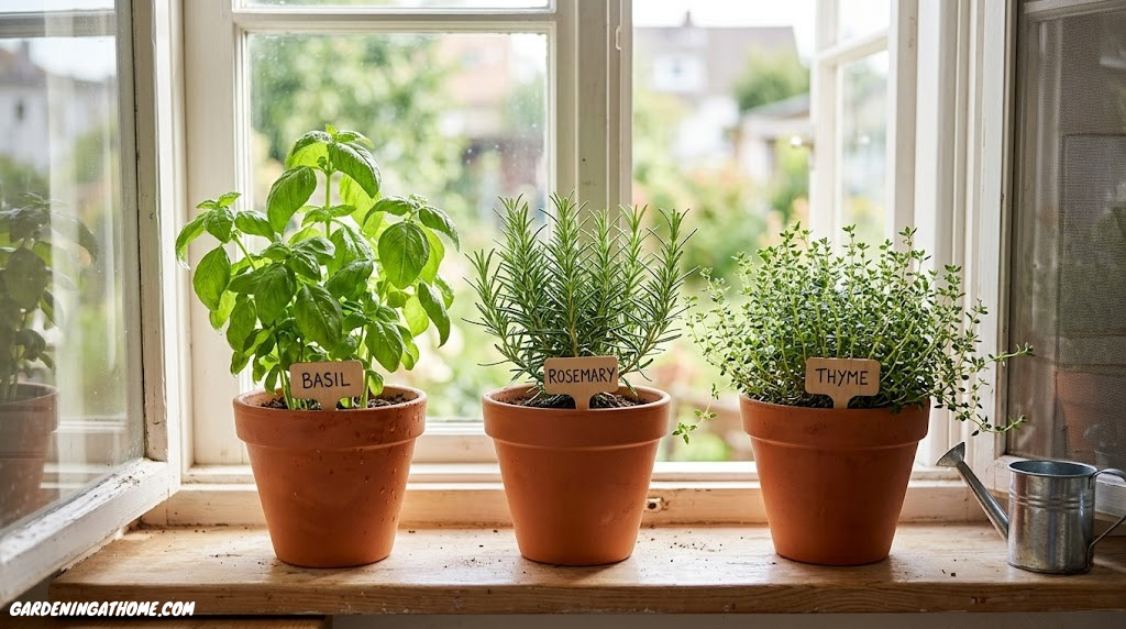 Indoor herb garden with basil, rosemary, and thyme growing in terracotta pots on a sunny windowsill