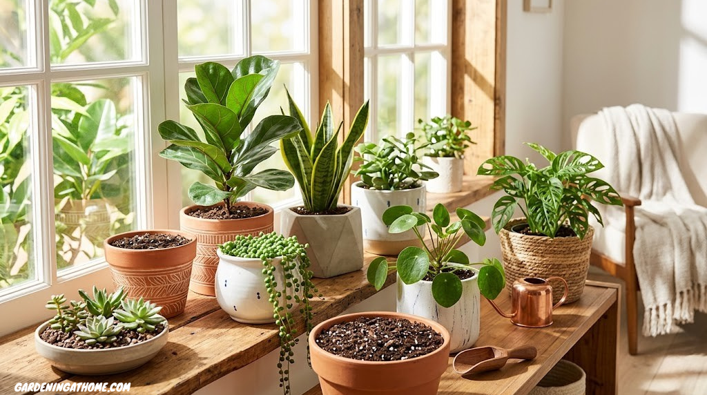 Indoor plants in pots with healthy, well-draining potting soil near a sunny window