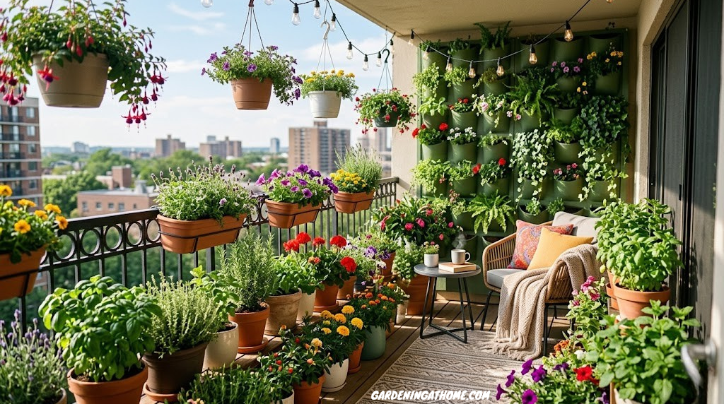 Lush apartment balcony filled with potted herbs, flowers, and vertical planters