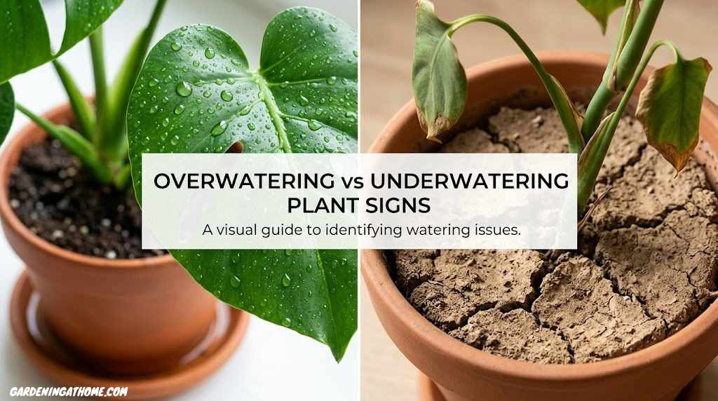 Overwatering vs underwatering plant signs — a lush leaf with water droplets contrasted with dry cracked soil