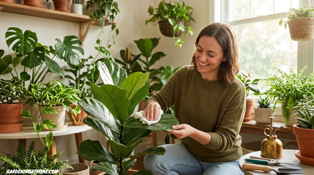 Person carefully tending indoor plants with passion and dedication
