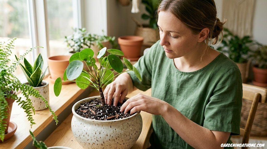 Person inspecting potting soil of an indoor plant