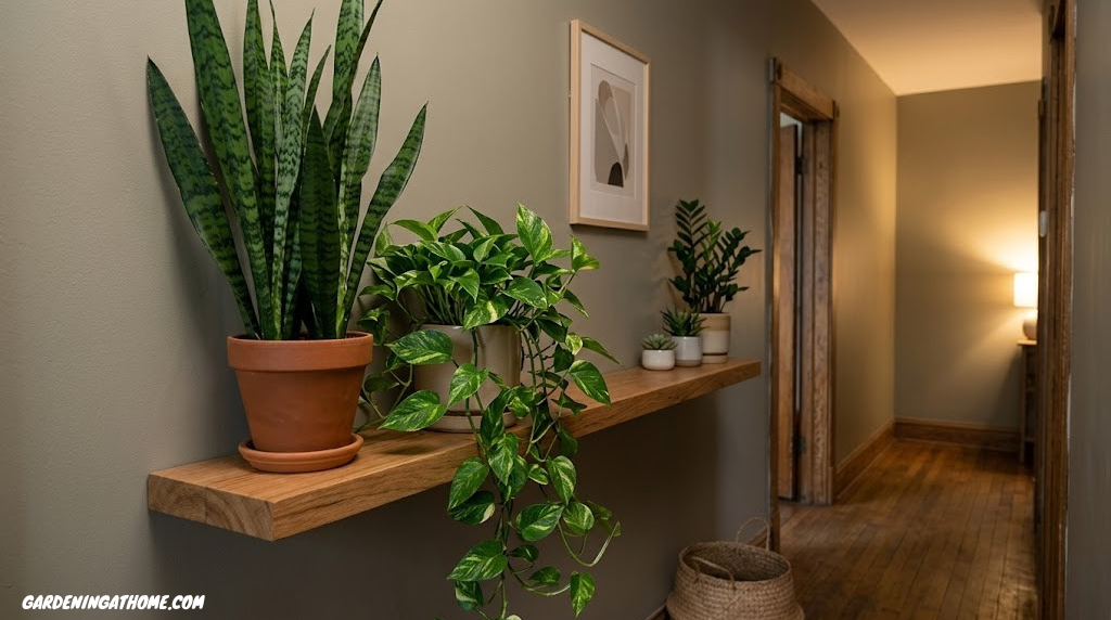Snake plant and pothos thriving on a shelf in a low-light hallway