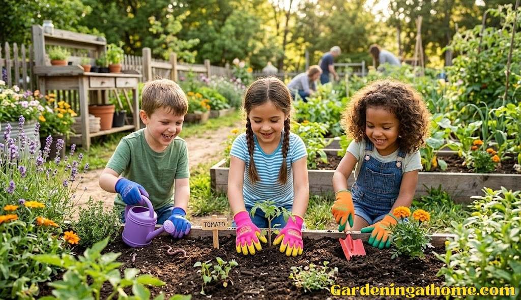 Children wearing colorful grippy gardening gloves outdoors