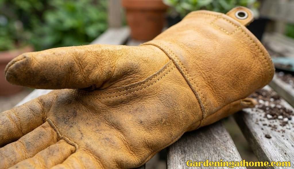 Close up of cowhide leather gardening glove stitching and gauntlet cuff