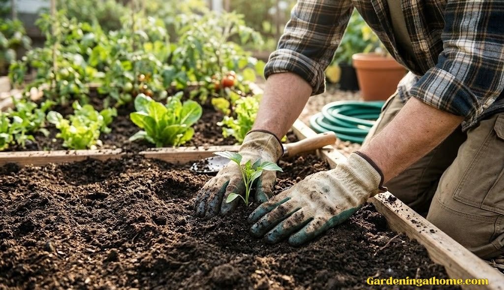 Gardener wearing protective gloves while working in soil