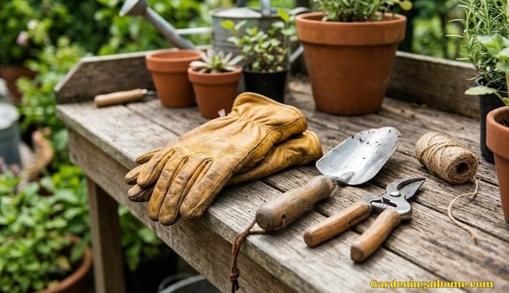 Pair of leather gardening gloves resting on a wooden potting bench beside gardening tools