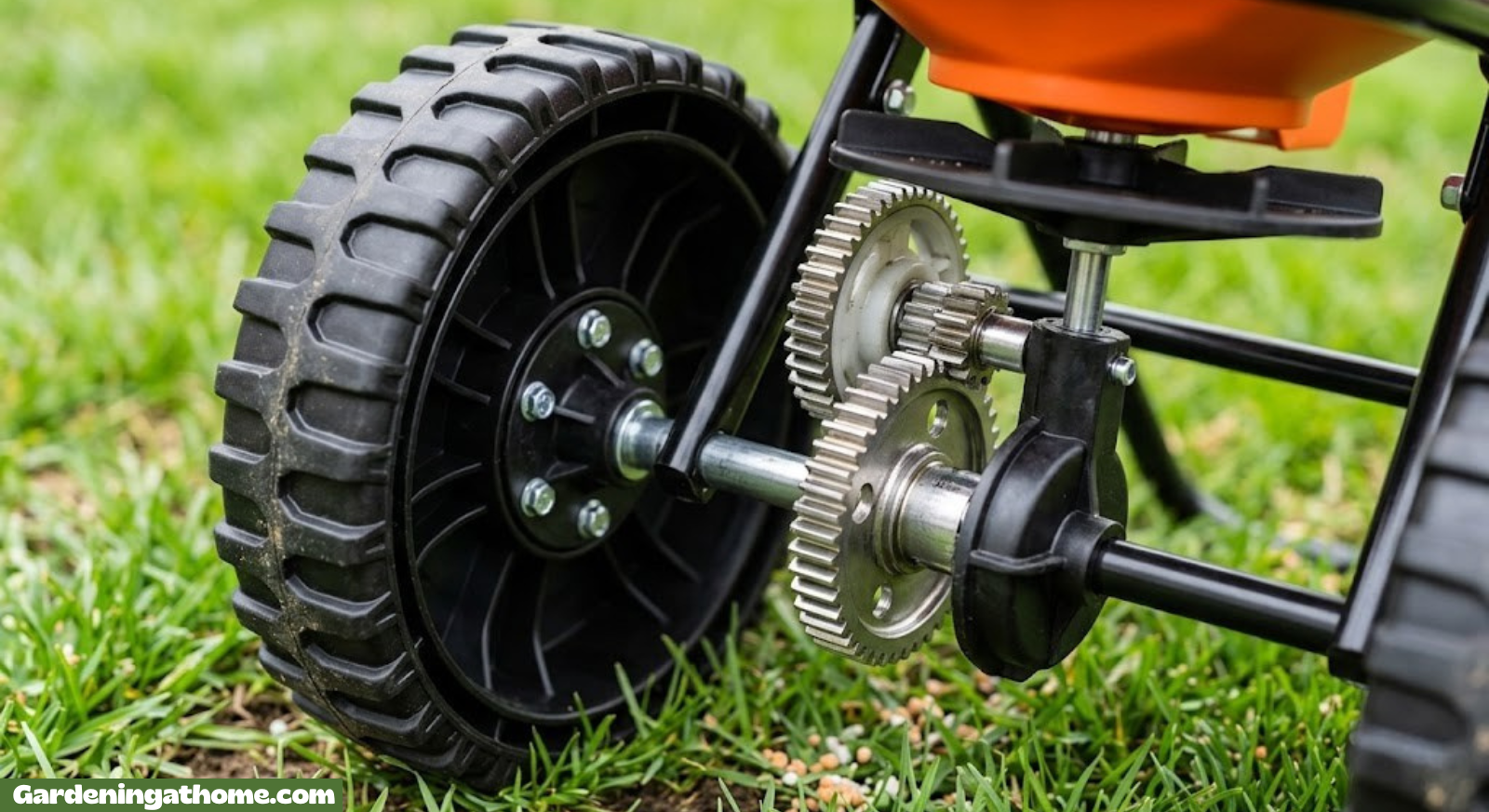 Close up of a clean broadcast lawn spreader wheel and gear