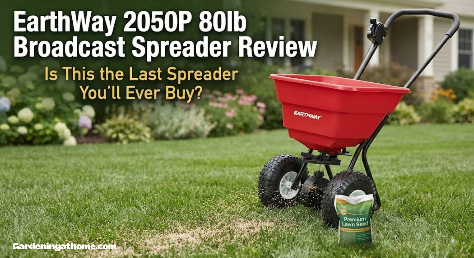 EarthWay 2050P 80lb Broadcast Spreader on a green lawn