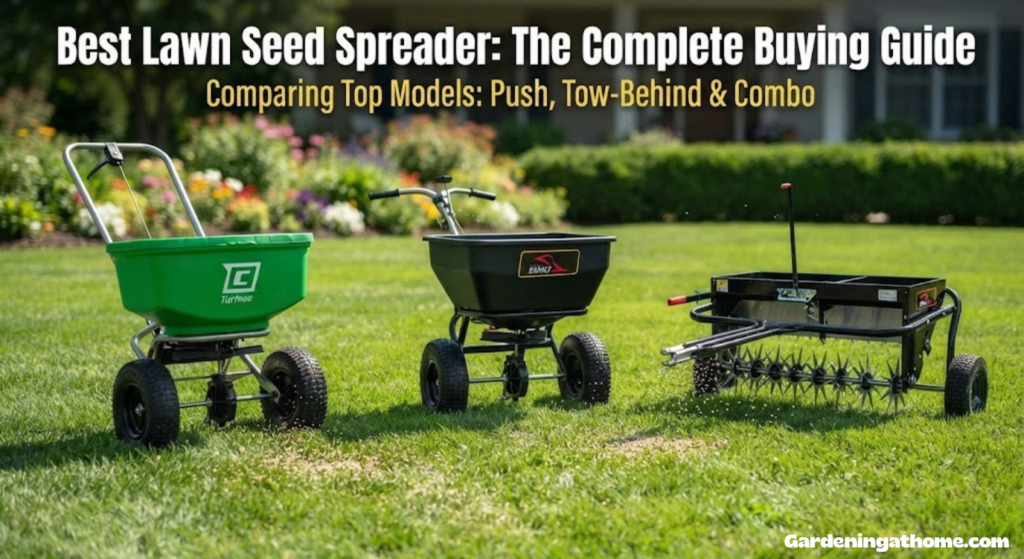 Lawn seed spreader on green grass