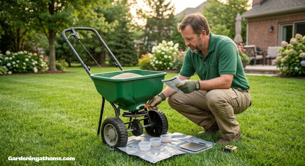 Person calibrating a broadcast spreader on a lawn