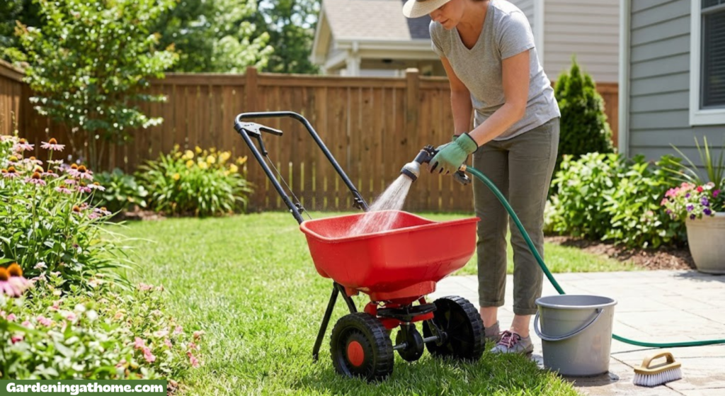 Person cleaning a lawn spreader in a sunny backyard