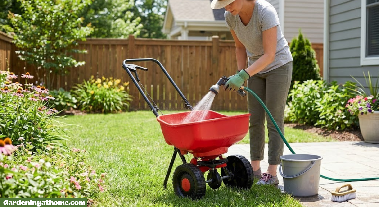 Person cleaning a lawn spreader in a sunny backyard
