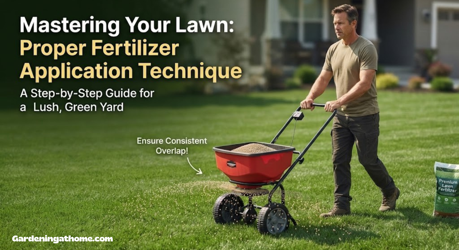Person using a broadcast spreader on a lush green lawn, demonstrating proper fertilizer application technique