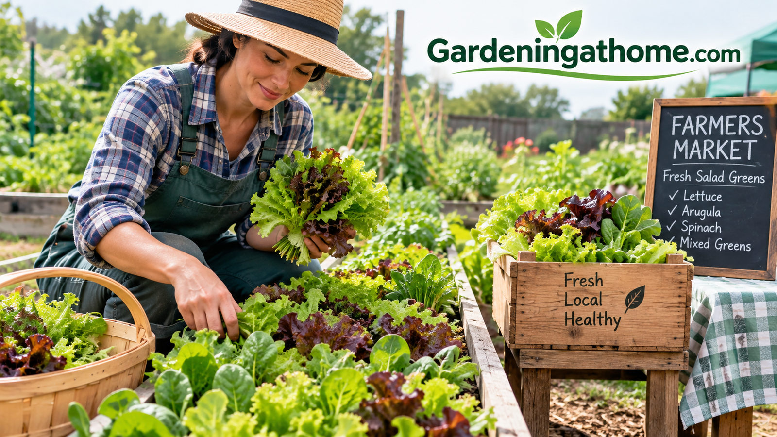 A grower harvesting fresh salad greens from a narrow raised bed for a farmers market stand
