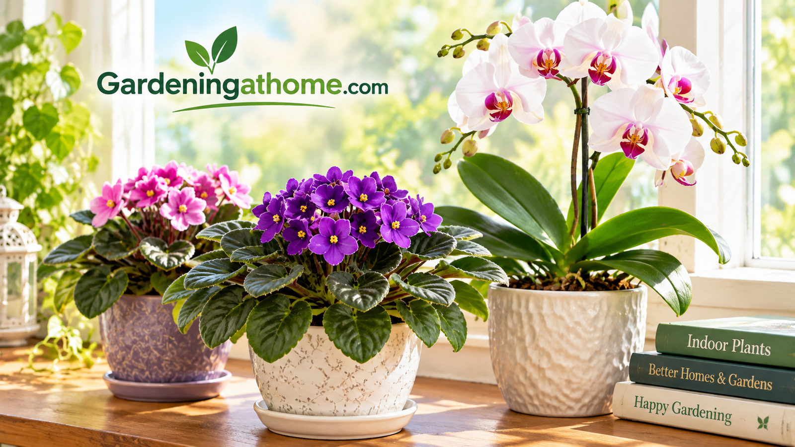 African violets and an orchid arranged near a sunny window