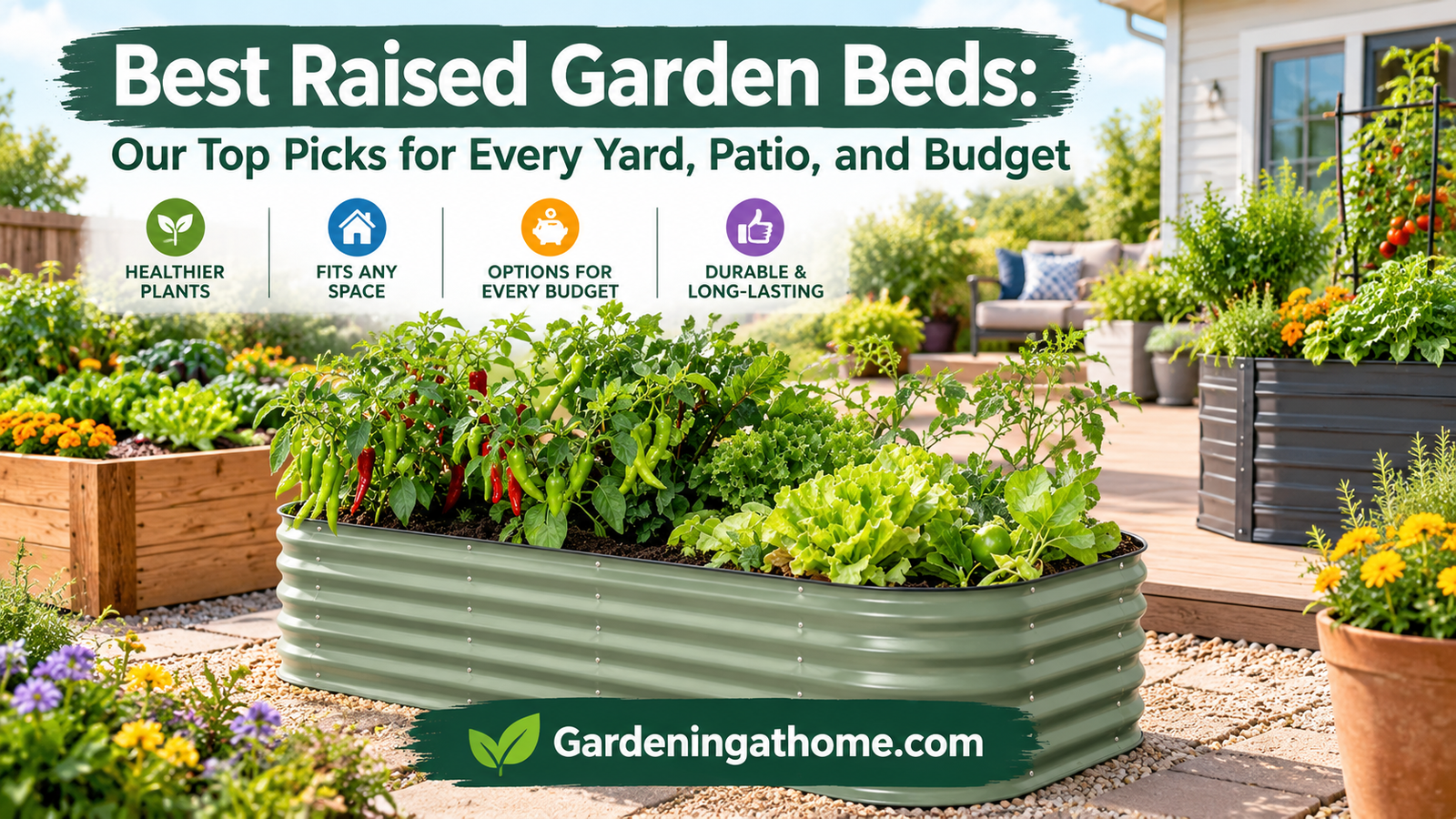 Modular metal raised garden bed filled with healthy vegetables
