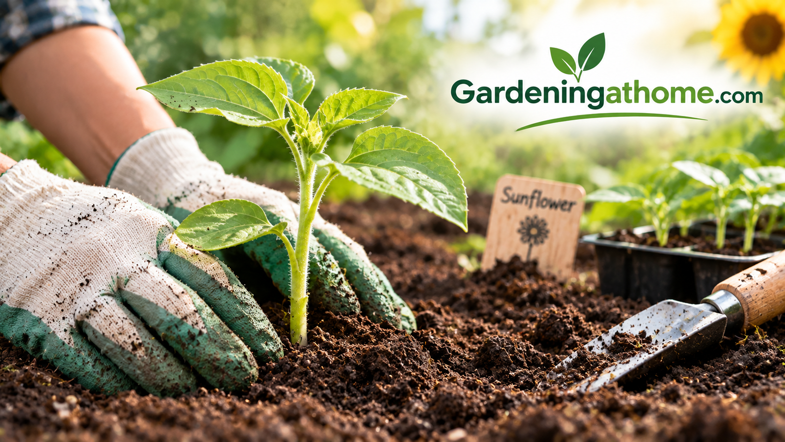 Close-up of a sunflower seedling being planted in rich garden soil