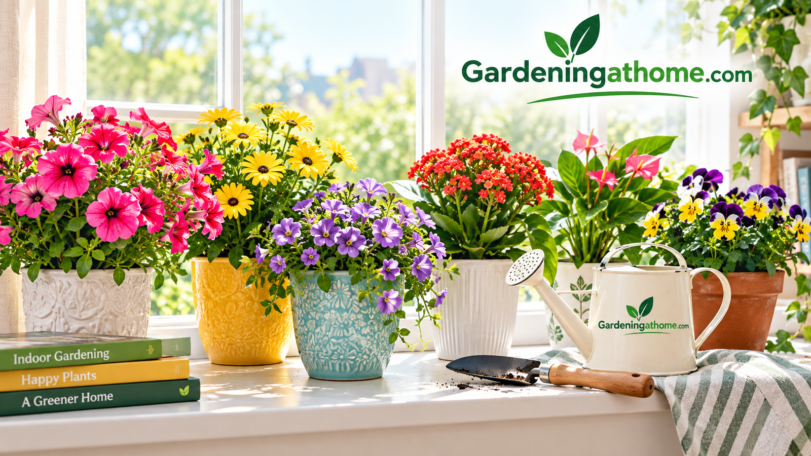 Colorful flowering plants on a bright indoor windowsill