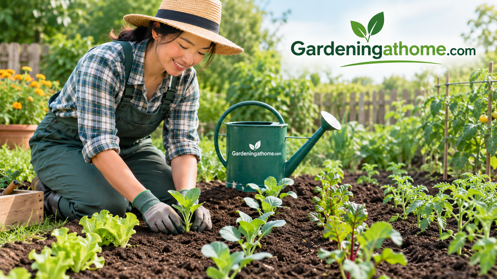 Gardener kneeling beside a freshly planted vegetable bed with rows of seedlings and a watering can