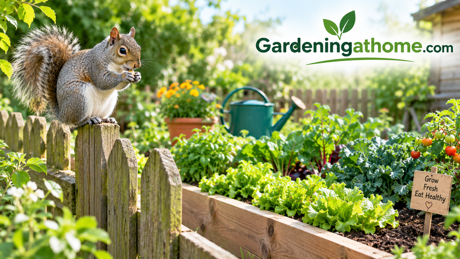 Gray squirrel perched on a garden fence beside a raised vegetable bed