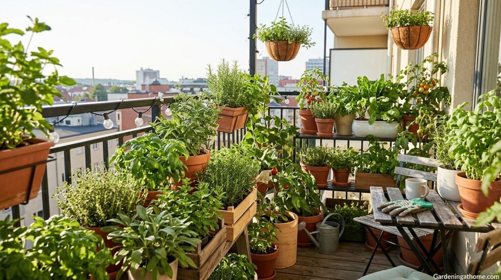 Lush urban garden with containers and herbs growing on a city balcony