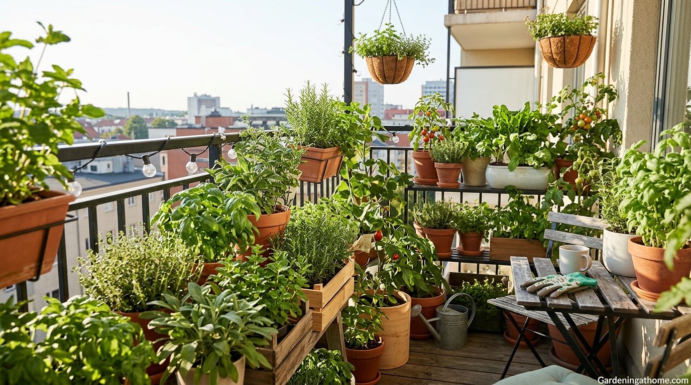 Lush urban garden with containers and herbs growing on a city balcony