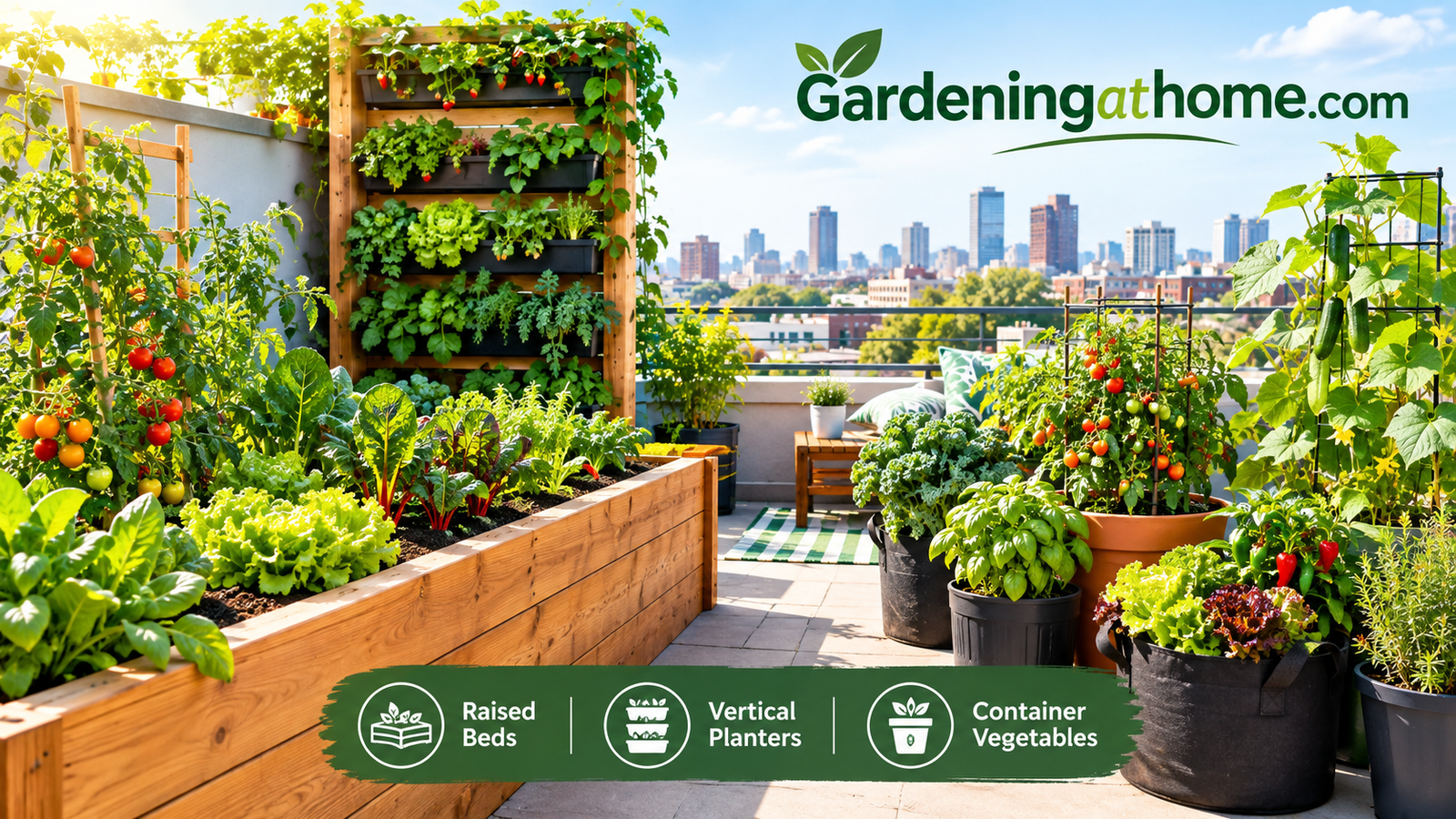 Raised beds, vertical planters, and container vegetables on a sunny city rooftop
