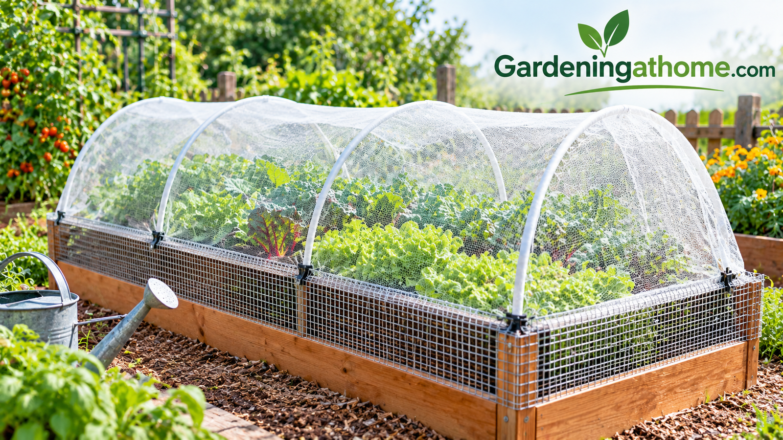 Raised garden bed covered with hoop netting and a hardware cloth border