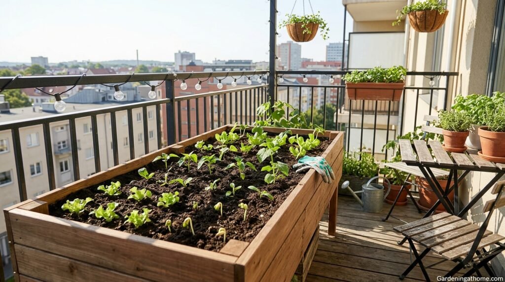Raised vegetable garden bed with healthy seedlings growing in rich soil on a sunny day