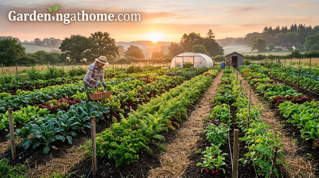 Rows of vibrant mixed vegetables growing in a small-scale market garden at sunrise
