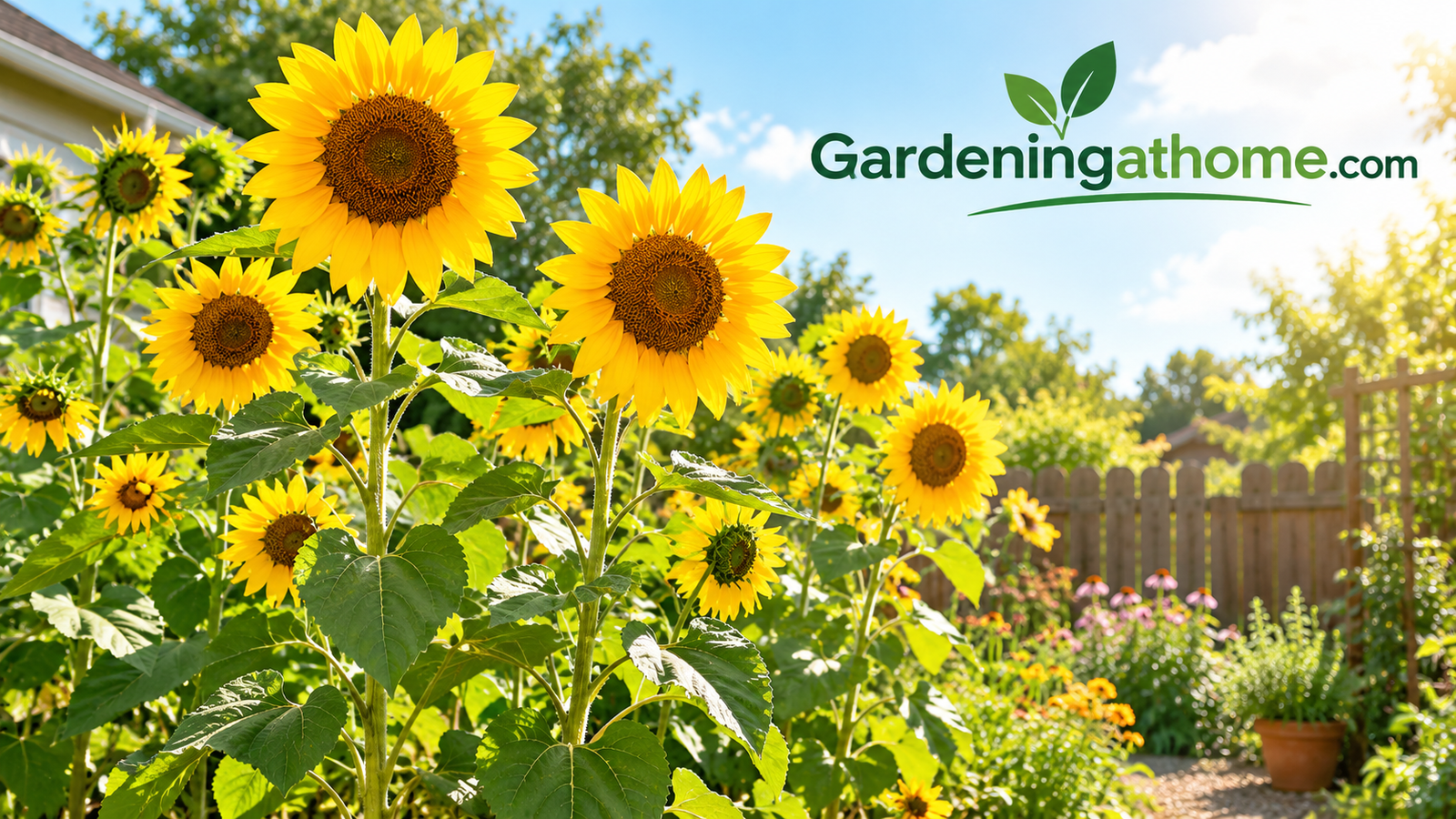 Tall golden sunflowers blooming in a sunny backyard garden