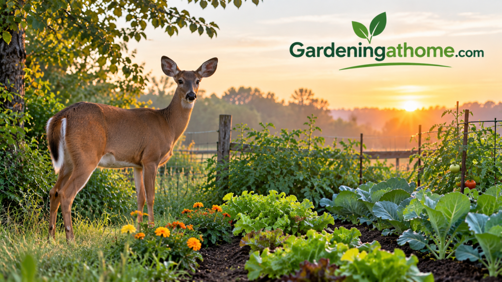 White-tailed deer standing at the edge of a vegetable garden at dawn