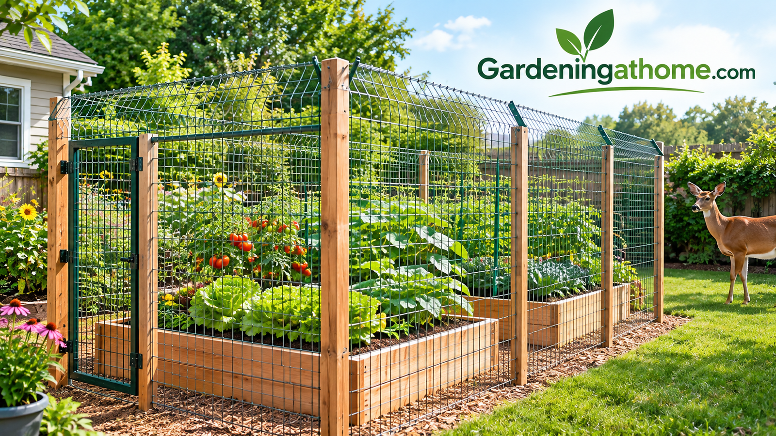 Raised vegetable beds protected by a tall deer fence in a backyard garden