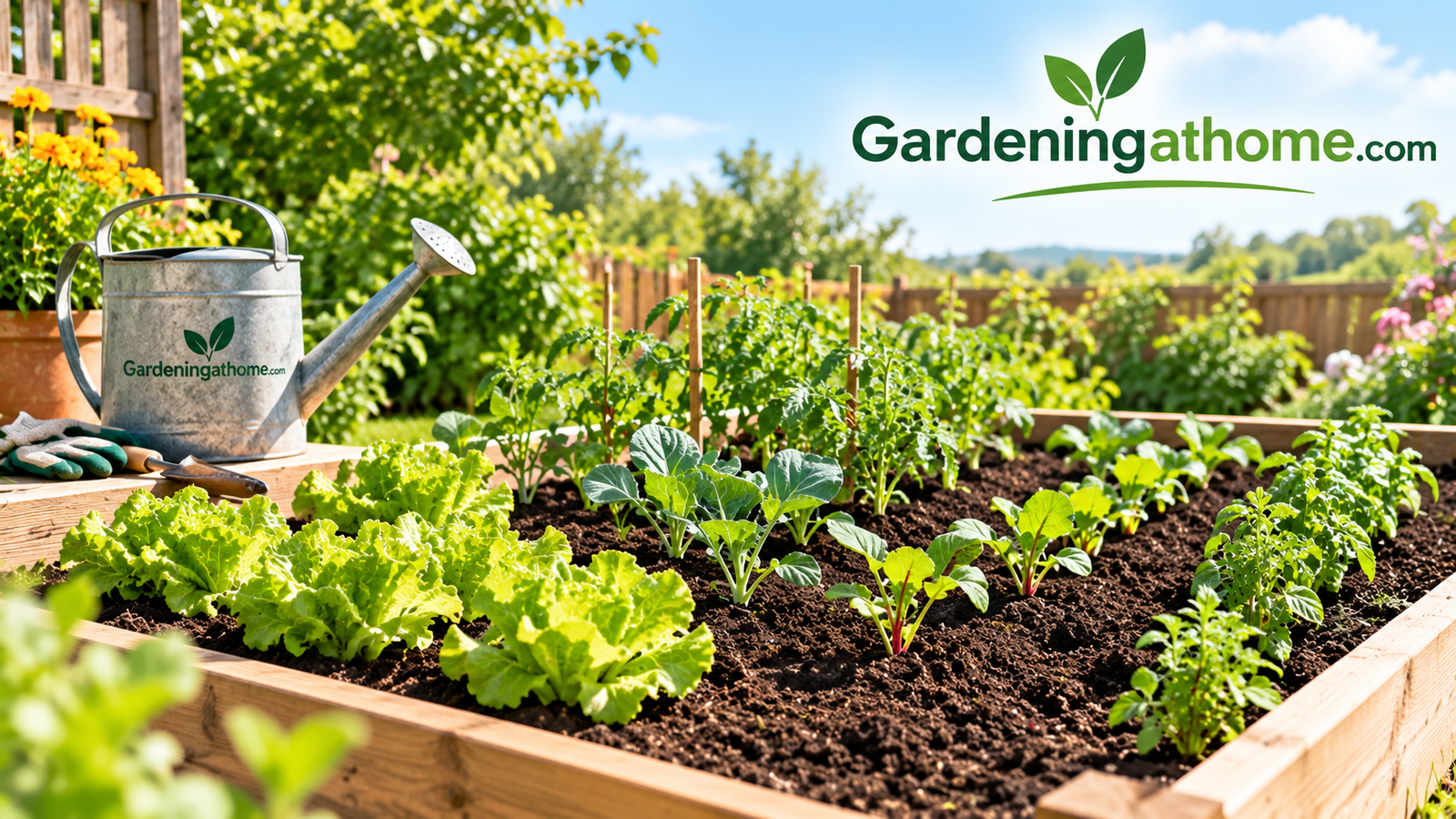 Raised vegetable garden bed with healthy seedlings growing in rich soil on a sunny day